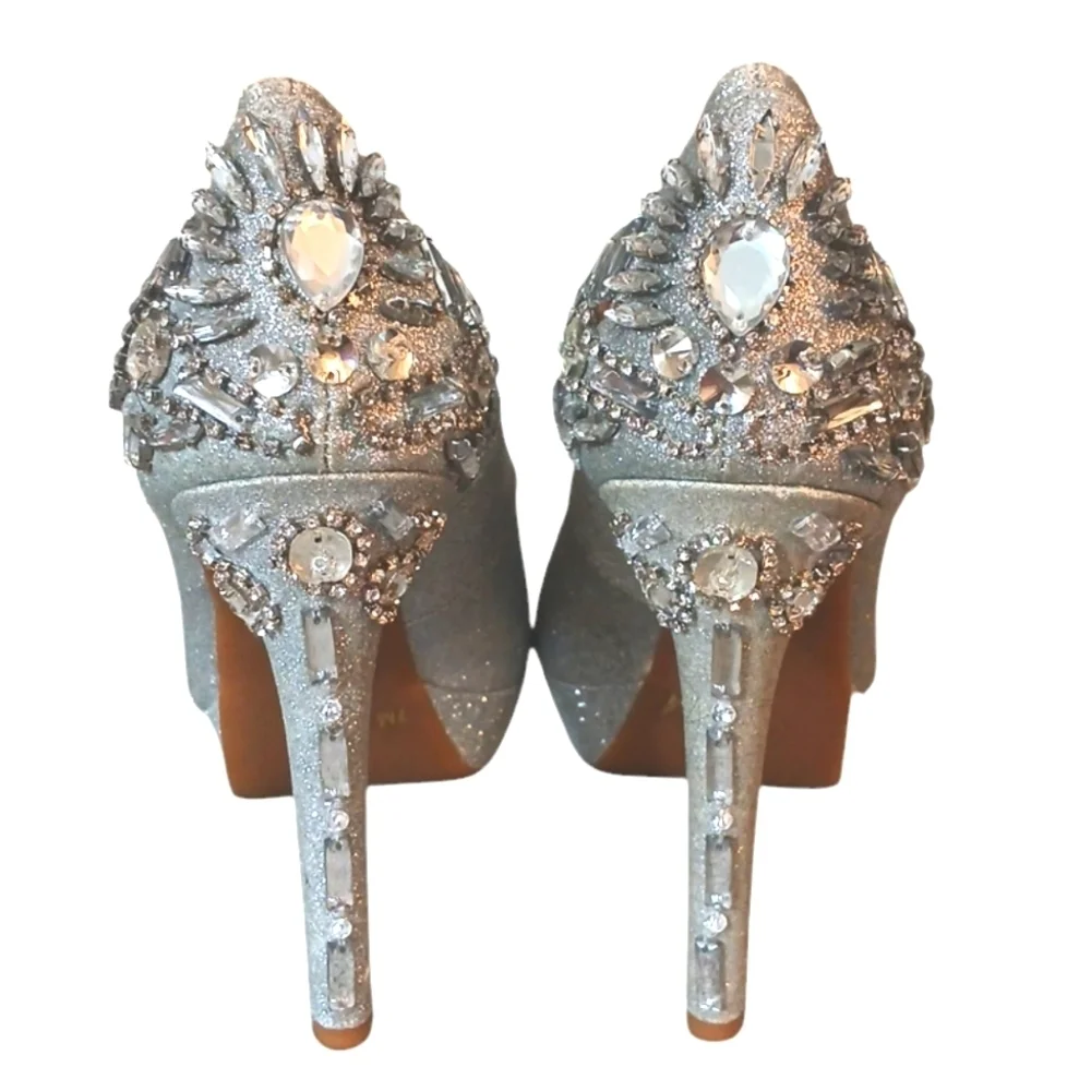 Gianni Bini Silver Glitter Gemstone Open Toe Platform Heels size 7